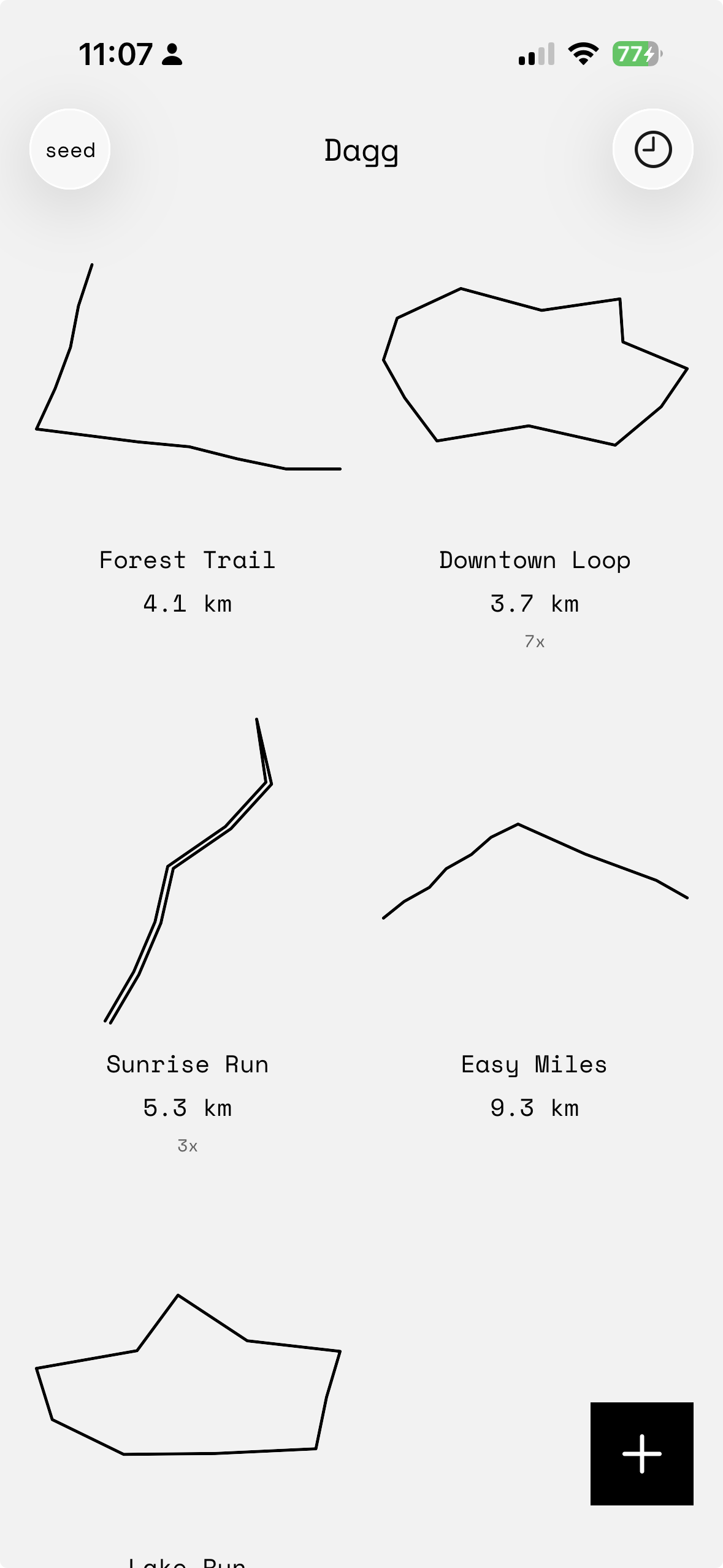 Dagg home screen with route shapes: Forest Trail 4.1 km, Downtown Loop 3.7 km, Sunrise Run 5.3 km, Easy Miles 9.3 km